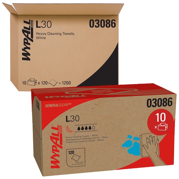 Kimberly-Clark Professional WypAll General Clean L30 Heavy Cleaning Towels (03086), Strong & Soft Wipes, Pop-UP Box, White, 10 - 03086