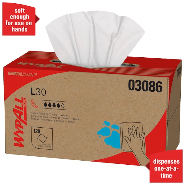 Kimberly-Clark Professional WypAll General Clean L30 Heavy Cleaning Towels (03086), Strong & Soft Wipes, Pop-UP Box, White, 10 - 03086