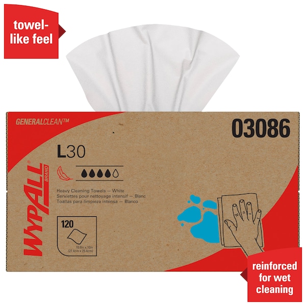 Kimberly-Clark Professional WypAll General Clean L30 Heavy Cleaning Towels (03086), Strong & Soft Wipes, Pop-UP Box, White, 10 - 03086