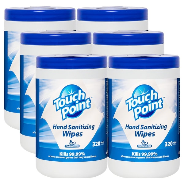Touch Point Wipes TP Hand Sanitizing Wipes - 6 Canisters x 320 Wipes, 6.7 in. x 6.75 in., FDA Registered, 6PK - WS320HS