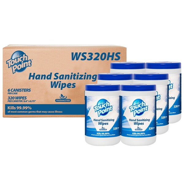 Touch Point Wipes TP Hand Sanitizing Wipes - 6 Canisters x 320 Wipes, 6.7 in. x 6.75 in., FDA Registered, 6PK - WS320HS
