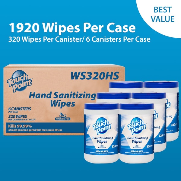 Touch Point Wipes TP Hand Sanitizing Wipes - 6 Canisters x 320 Wipes, 6.7 in. x 6.75 in., FDA Registered, 6PK - WS320HS