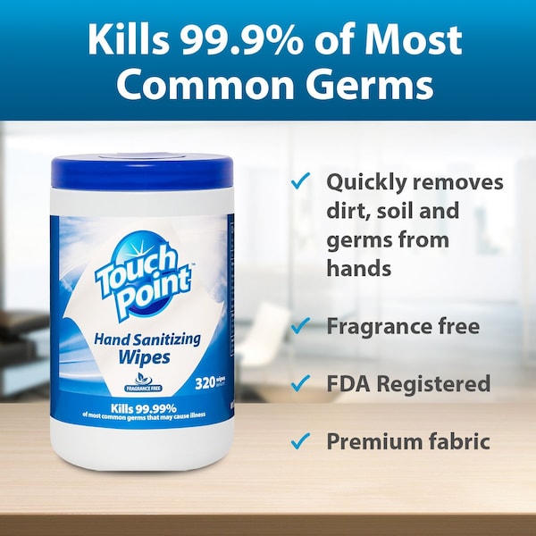 Touch Point Wipes TP Hand Sanitizing Wipes - 6 Canisters x 320 Wipes, 6.7 in. x 6.75 in., FDA Registered, 6PK - WS320HS
