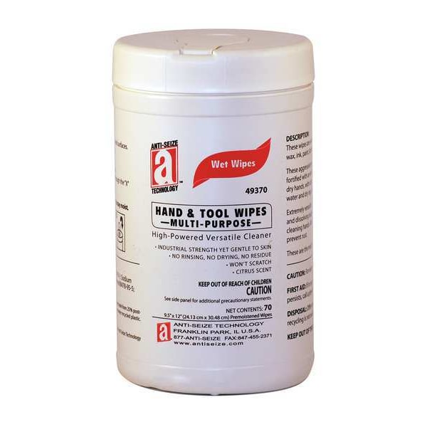 Anti-Seize Technology Hand Cleaning Wipes, 12"L x 9-1/2"W, 70 Wipes - 49370