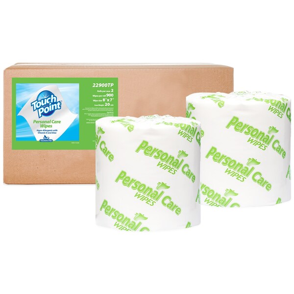 Touch Point Wipes TP Personal Care Skin Wipes, 2 Rolls x 900 Wipes Refill, 8 in.x7 in., Aloe & Vitamin E, 2PK - 22900TP