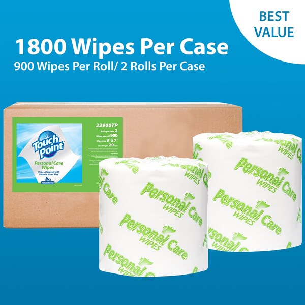 Touch Point Wipes TP Personal Care Skin Wipes, 2 Rolls x 900 Wipes Refill, 8 in.x7 in., Aloe & Vitamin E, 2PK - 22900TP