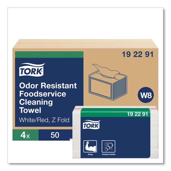 Tork Small Pack Foodservice Cloth, 1-Ply, 11.75 x 14.75, Unscented, White with Red Stripe, 50 Cloths, 4PK - 192291