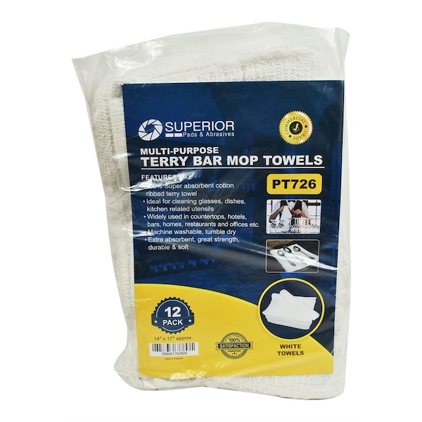 Superior Pads And Abrasives 14 Inch x 17 Inch White Terry Mop Towel - 100% Cotton, PK 12 - PT726