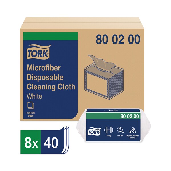 Tork Microfiber Disposable Cleaning Cloth, 1-Ply, 11.6 x 13.4, Unscented, White, 40 Wipes, 8PK - 800200