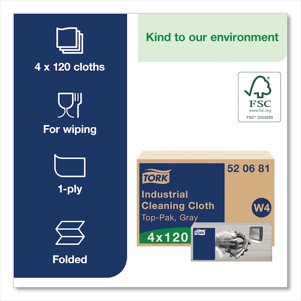 Tork Tork Industrial Cleaning Cloth Gray W4, Flexible and Soft, 4 x 120 Cloths, 520681 - 520681