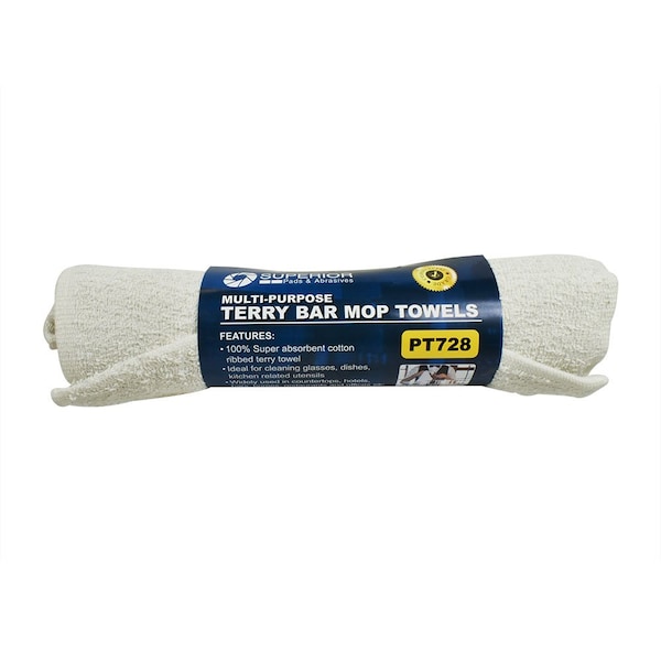Superior Pads And Abrasives 14 Inch x 17 Inch White Terry Mop Towel - 100% Cotton, PK 6 - PT728