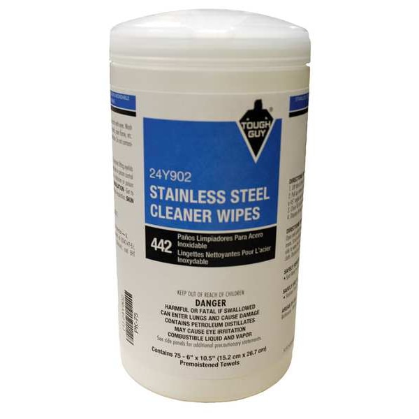 Tough Guy Stainless Steel Cleaner Wipes, 6 x 10-1/2", 75 Wipes - 24Y902