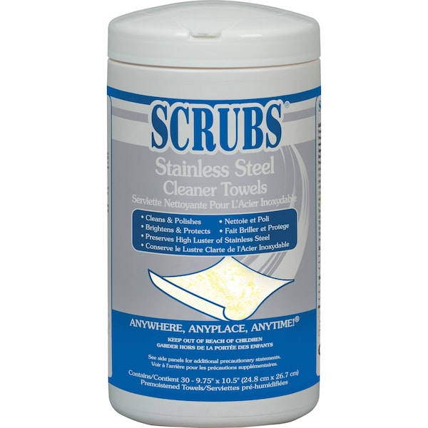 Scrubs Stainless Steel Cleaner Towel, 9.75 x 10.5", 6 Pack, 30 Wipes/ Pack - 91930