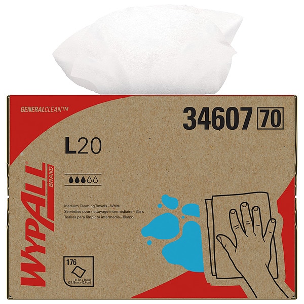 Kimberly-Clark Professional WypAll General Clean L20 Medium Cleaning Cloths (34607), BRAG Box, White, 4-Ply, 1 Box of 176 Wipes - 34607