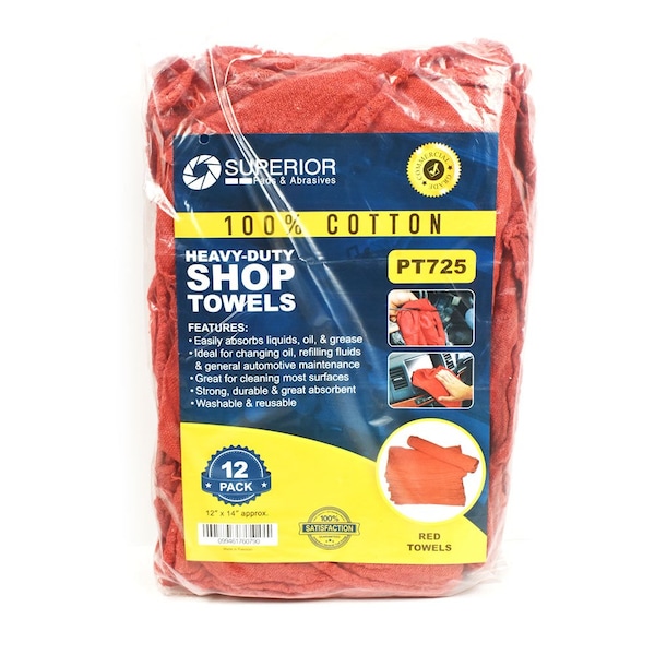 Superior Pads And Abrasives 12 Inch x 14 Inch Red Shop Towel - 100% Cotton, PK 12 - PT725