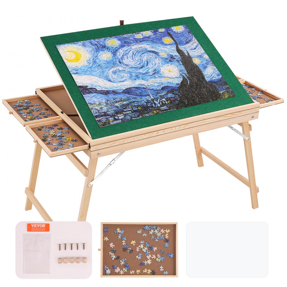 VEVOR 1500 Piece Puzzle Table with Folding Legs, 4 Drawers and Cover, 32.7"x24.6" Wooden Jigsaw Puzzle Plateau, Adjustable 3-Tilting-Angle Puzzle Board, Puzzle Storage System for Adults, Gift for Mom - PTZ1500JJGZDTYM1XV0