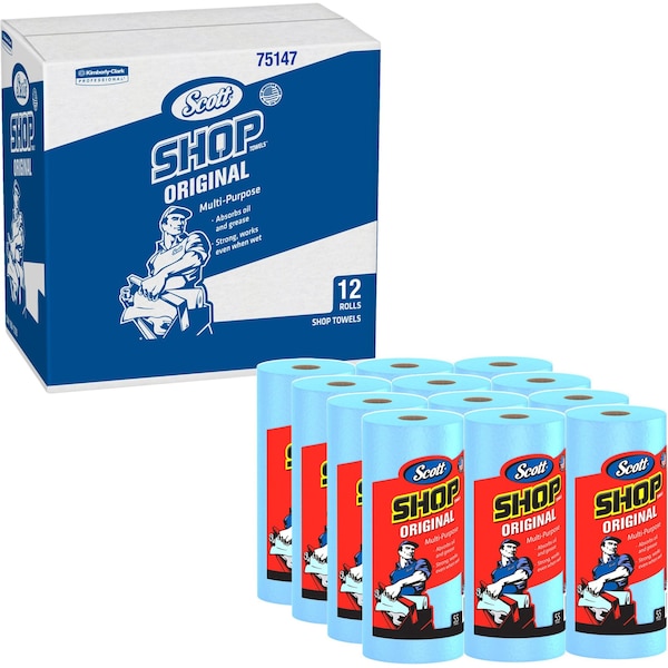 Scott Multipurpose Shop Roll Towels 10.40" x 11", Blue, 55 Sheets/Roll, 12 Rolls - 75147CT
