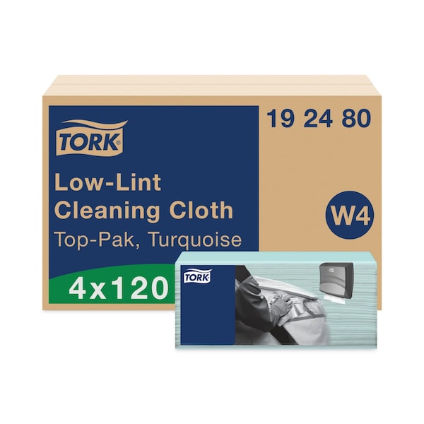 Tork Low-Lint Cleaning Cloth, 1-Ply, 14 x 16.34, Unscented, Turquoise, 120 Cloths, 4PK - 192480