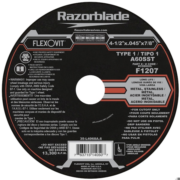 Rueda de corte de larga vida Flexovit Razorblade, 4-1/2 pulgadas de diámetro x 0.045 pulgadas de grosor, agujero central de 7/8 pulgadas, grano 60, Aluminio - F1207