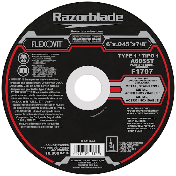 Flexovit Razorblade Long Life Disco para cortar, 6 pulgadas de diámetro x 0.045 pulgadas de grosor, orificio central de 7/8 pulgadas, 60 granos, aluminio O - F1707