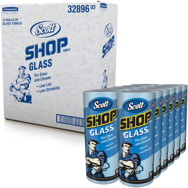 Kimberly-Clark Professional Scott Shop Towels Glass (32896), Blue Shop Towels for Glass and Mirrors, 90 Towels/Roll, 12 Rolls - 32896