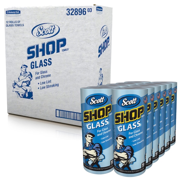 Kimberly-Clark Professional Scott Shop Towels Glass (32896), Blue Shop Towels for Glass and Mirrors, 90 Towels/Roll, 12 Rolls - 32896