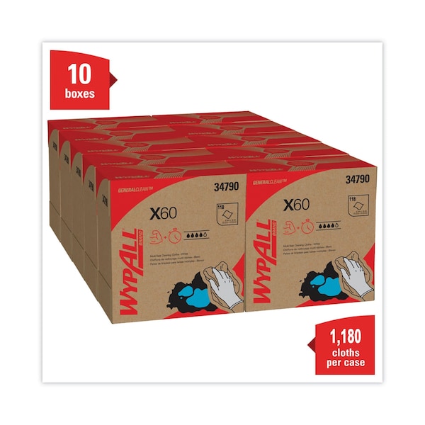 Wypall GeneralClean X60 Multi-Task Cleaning Cloths, Pop-Up Box, White (118 Sheets/Box, 10 Boxes/Case) - 34790CT