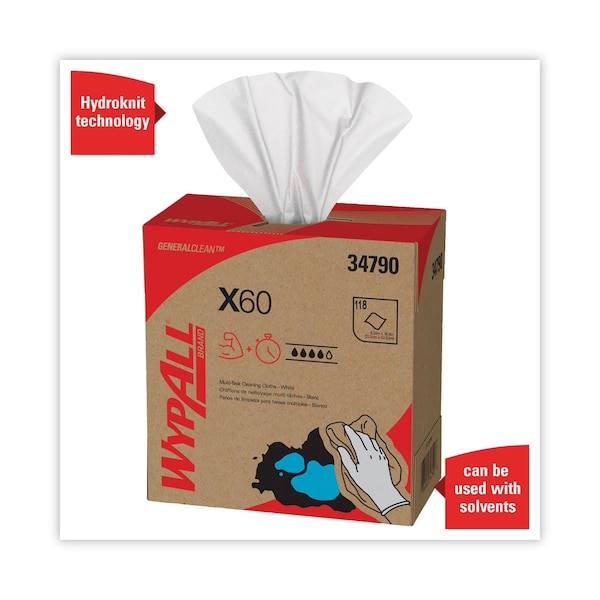 Wypall GeneralClean X60 Multi-Task Cleaning Cloths, Pop-Up Box, White (118 Sheets/Box, 10 Boxes/Case) - 34790CT