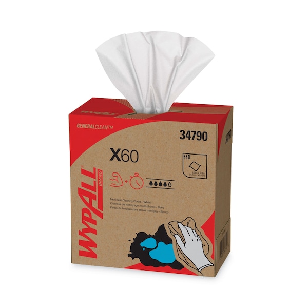 Wypall GeneralClean X60 Multi-Task Cleaning Cloths, Pop-Up Box, White (118 Sheets/Box, 10 Boxes/Case) - 34790CT
