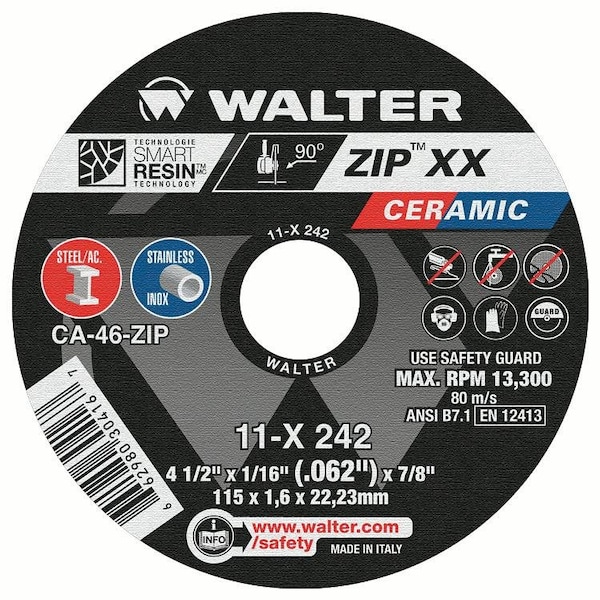 Rueda de corte Zip xx de Walter Surface Technologies 4 1/2'' x 1/16'' x 7/8'' T1 - 11X242