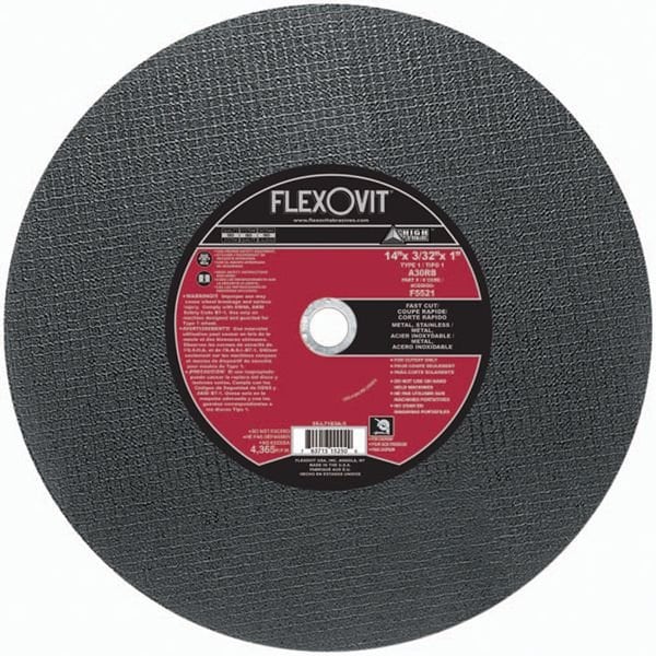 Rueda de corte de ALTO RENDIMIENTO Flexovit, 14 pulgadas de diámetro x 3/32 pulgadas de grosor, orificio central de 1 pulgada, granulometría A30RB, óxido de aluminio - F5521