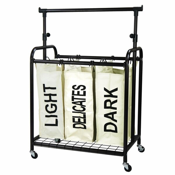 Oceanstar 3-Bag Rolling Laundry Sorter With Adjustable Hanging Bar, White - TLS1385-HG-WHITE