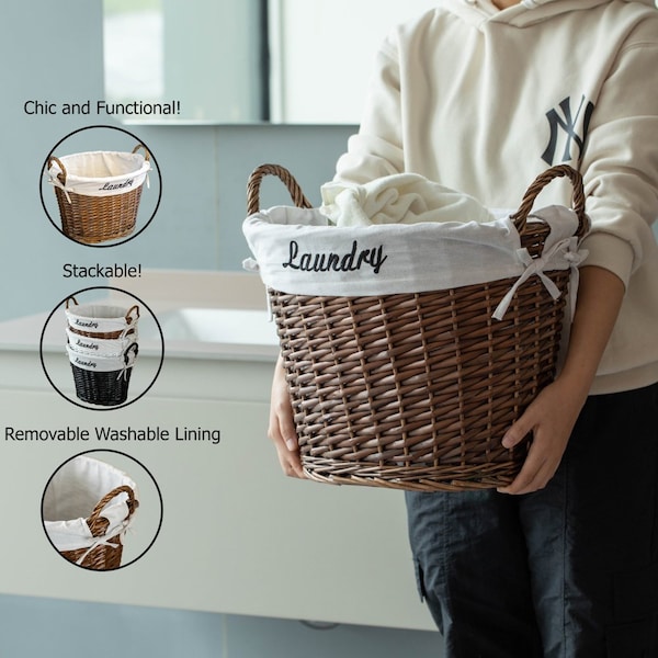Wickerwise Handwoven Laundry Basket with Liner & Handles - Boho Decorative Storage Hamper for Clothes - QI003106.BN.NEW