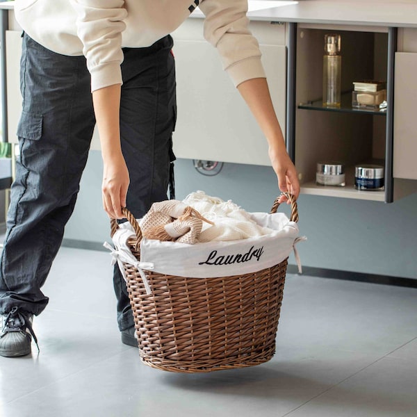 Wickerwise Handwoven Laundry Basket with Liner & Handles - Boho Decorative Storage Hamper for Clothes - QI003106.BN.NEW