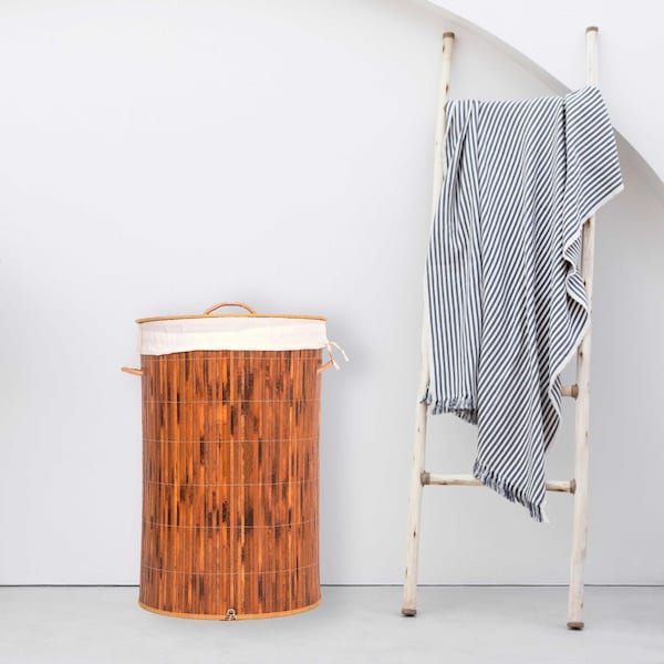 Vintiquewise Round Foldable Bamboo Laundry Hamper with Lid and Handles for Easy Carrying - QI004430-B_RO