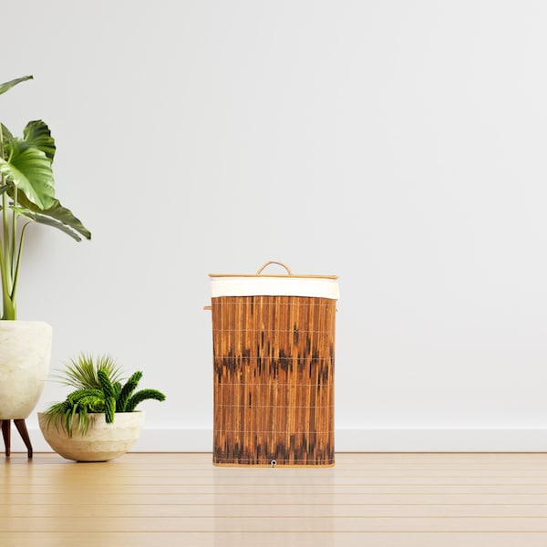 Vintiquewise Round Foldable Bamboo Laundry Hamper with Lid and Handles for Easy Carrying - QI004430-B_RO
