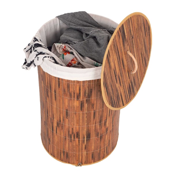Vintiquewise Round Foldable Bamboo Laundry Hamper with Lid and Handles for Easy Carrying - QI004430-B_RO