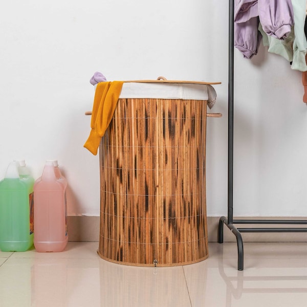 Vintiquewise Round Foldable Bamboo Laundry Hamper with Lid and Handles for Easy Carrying - QI004430-B_RO