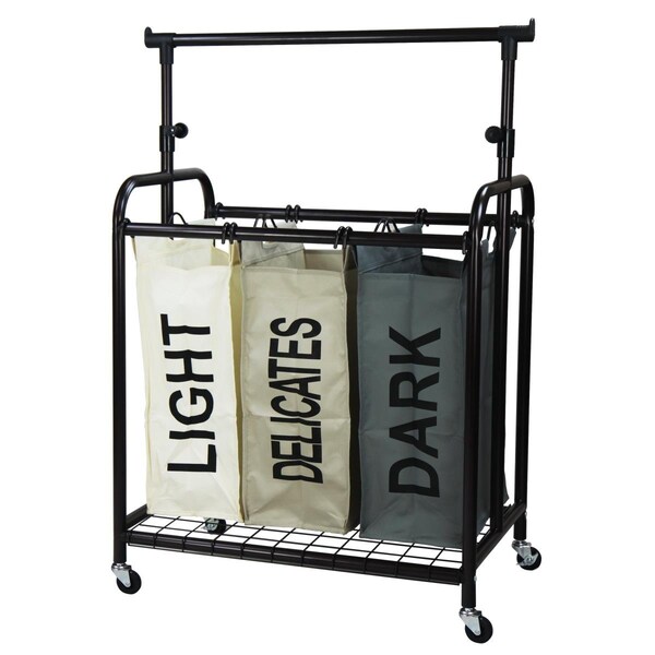 Oceanstar 3-Bag Rolling Laundry Sorter With Adjustable Hanging Bar, Bronze - OC391130