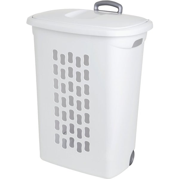 Sterilite Wheeled Hamper, 2 bu Capacity, Plastic Bag, White, 12.8 in W, 19.6 in H, 28.2 in D - 12228003
