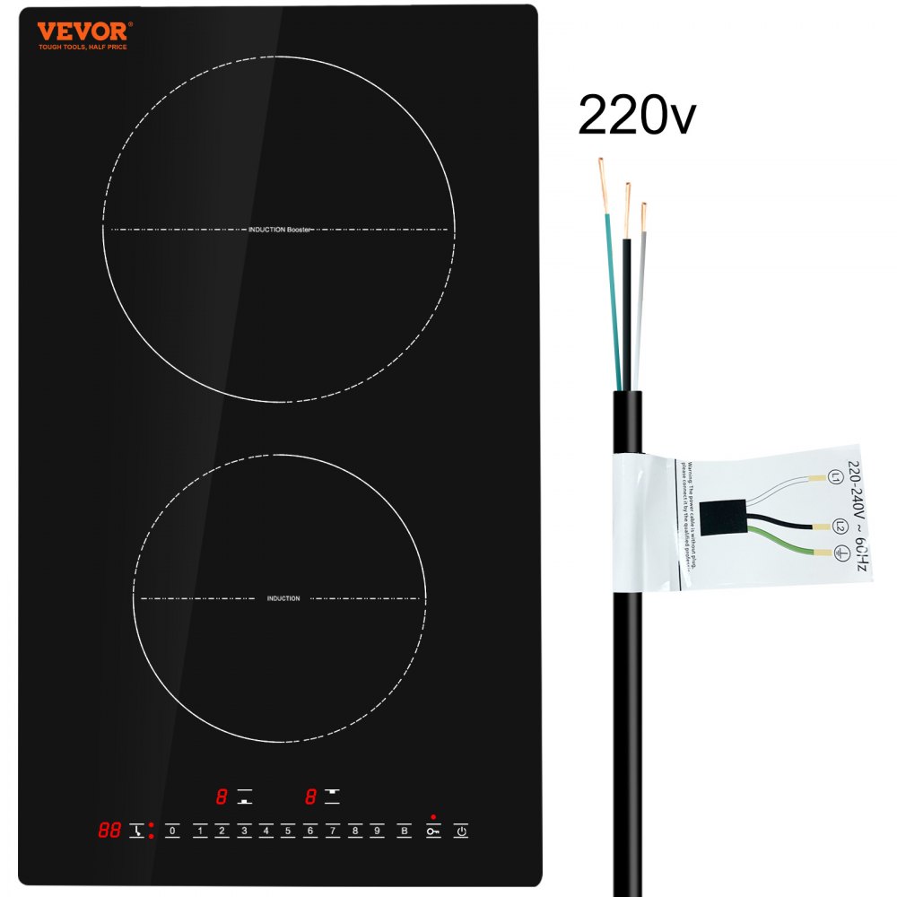 VEVOR Electric Cooktop, 2 Burners, 12'' Induction Stove Top, Built-in Magnetic Cooktop 3000W, 9 Heating Level Multifunctional Burner, LED Touch Screen w/ Child Lock & Over-Temperature Protection - QRSDC2123500WWM5BV4