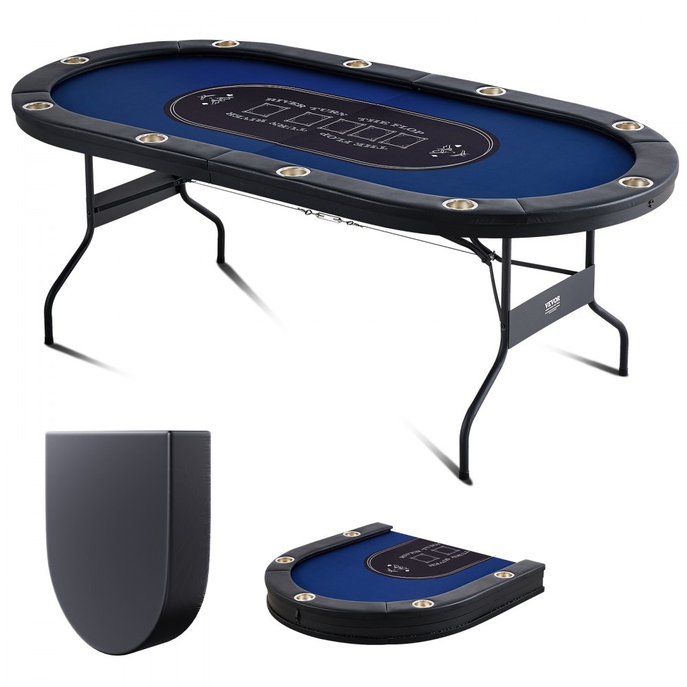 VEVOR 10 Player Foldable Poker Table, Blackjack Texas Holdem Poker Table with Padded Rails and Stainless Steel Cup Holders, Portable Folding Card Board Game Table, 84" Oval Casino Leisure Table - DZDTZDPKPZ105FRSBV0