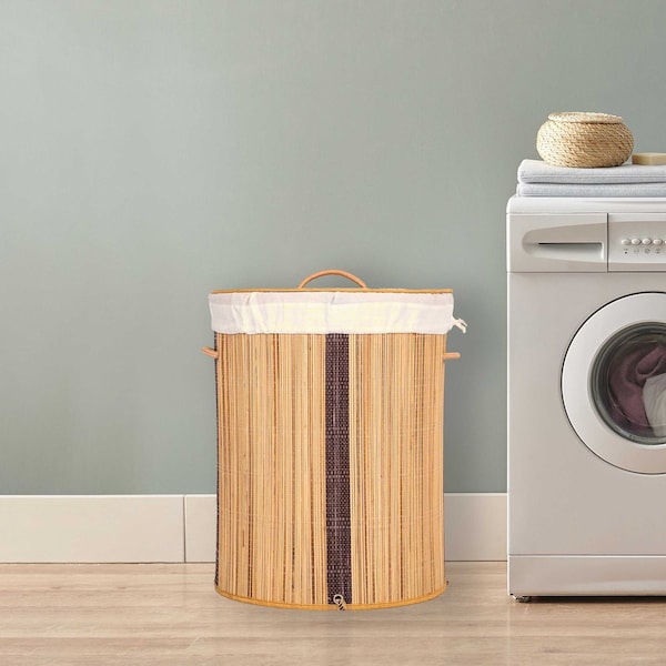 Vintiquewise Round Foldable Coconut Stick Laundry Hamper with Lid and Handles for Easy Carrying - QI004430-N_RO
