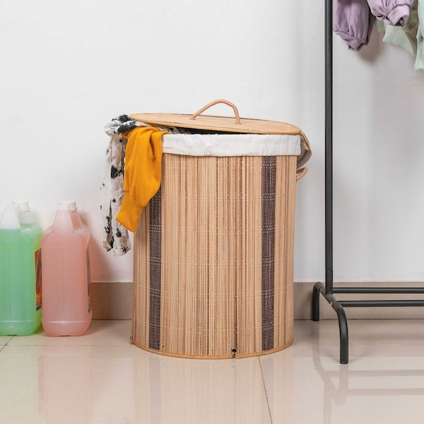 Vintiquewise Round Foldable Coconut Stick Laundry Hamper with Lid and Handles for Easy Carrying - QI004430-N_RO