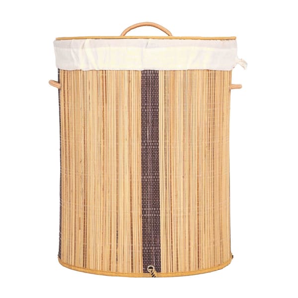 Vintiquewise Round Foldable Coconut Stick Laundry Hamper with Lid and Handles for Easy Carrying - QI004430-N_RO