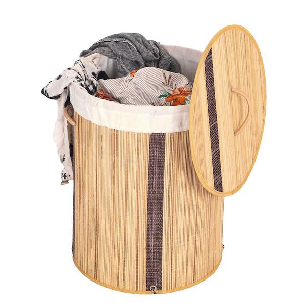 Vintiquewise Round Foldable Coconut Stick Laundry Hamper with Lid and Handles for Easy Carrying - QI004430-N_RO