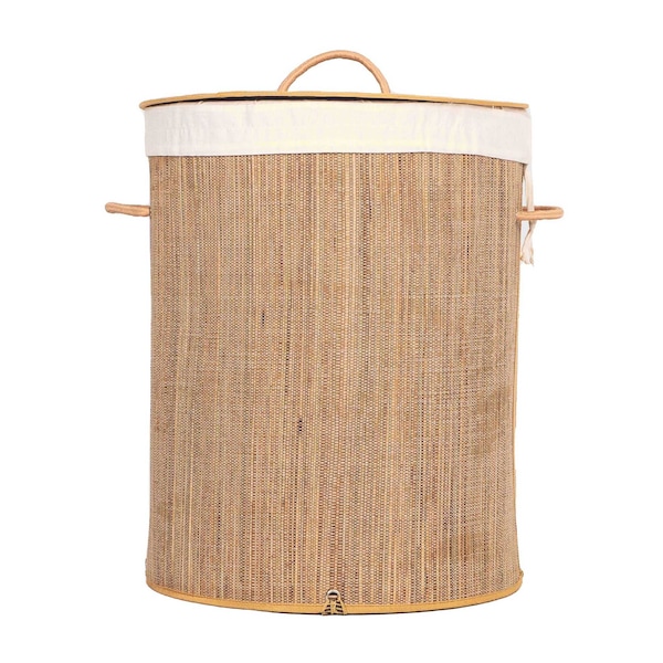 Vintiquewise Round Foldable Mendong Laundry Hamper with Lid and Handles for Easy Carrying - QI004430-G_RO