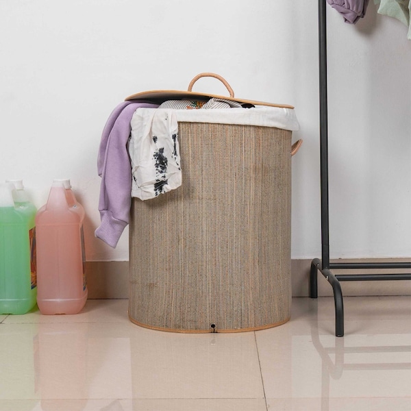 Vintiquewise Round Foldable Mendong Laundry Hamper with Lid and Handles for Easy Carrying - QI004430-G_RO