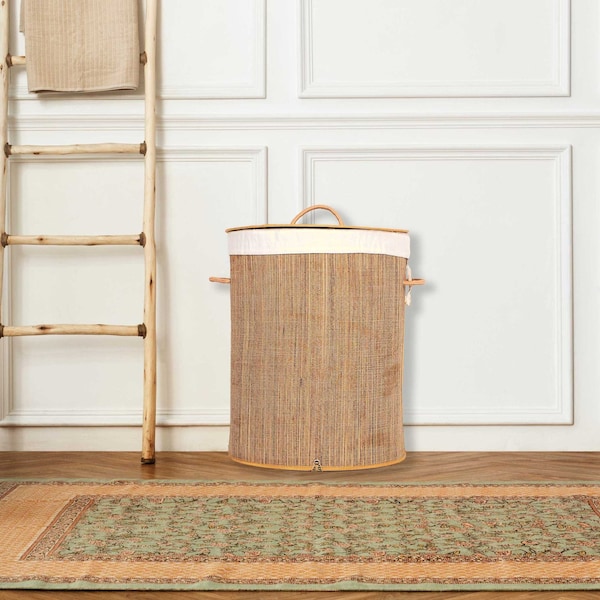 Vintiquewise Round Foldable Mendong Laundry Hamper with Lid and Handles for Easy Carrying - QI004430-G_RO