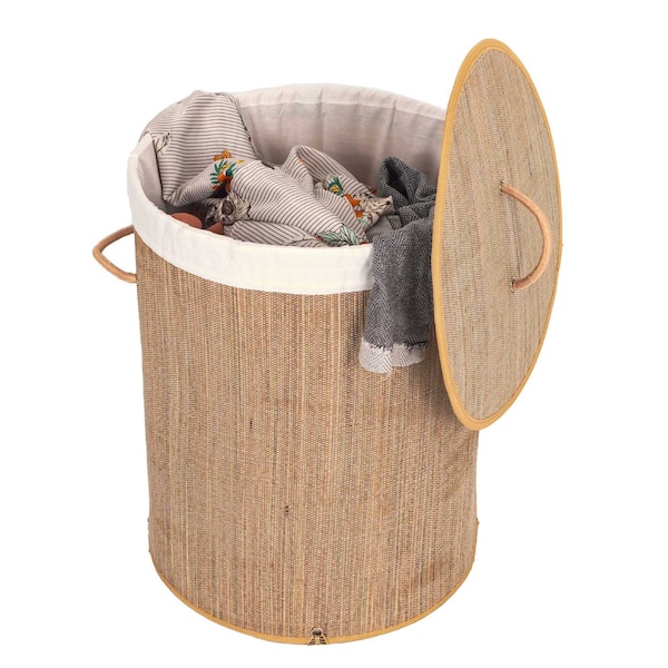 Vintiquewise Round Foldable Mendong Laundry Hamper with Lid and Handles for Easy Carrying - QI004430-G_RO